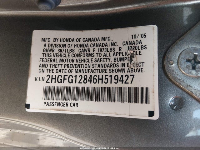 2006 Honda Civic Ex მანქანა იყიდება აუქციონზე, vin: 2HGFG12846H519427, აუქციონის ნომერი: 44801336