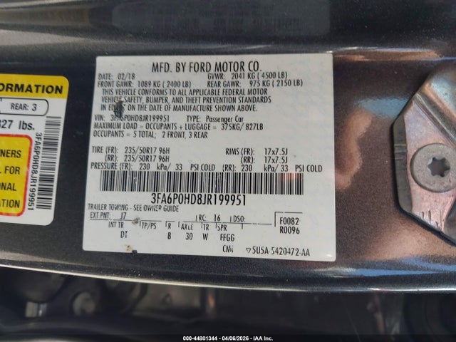 2018 Ford Fusion Se მანქანა იყიდება აუქციონზე, vin: 3FA6P0HD8JR199951, აუქციონის ნომერი: 44801344