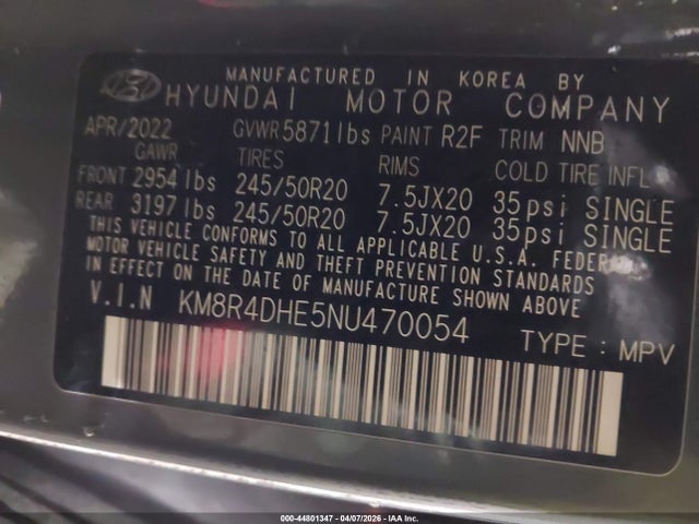 Aukcja sprzedaży 2022 Hyundai Palisade Sel, vin: KM8R4DHE5NU470054, numer aukcji: 44801347