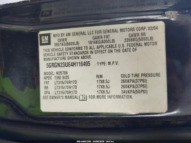 2004 HUMMER H2 5GRGN23U64H116495 Photo 8