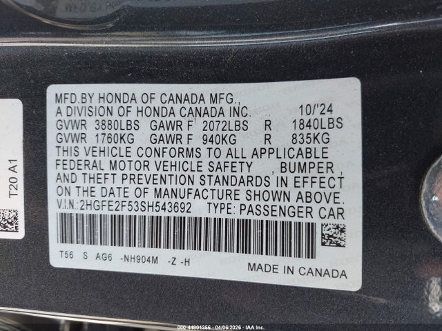 2HGFE2F53SH543692 Honda Civic Sport