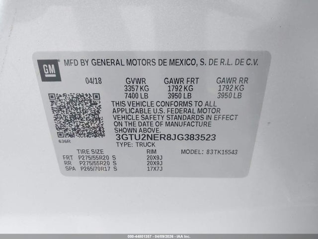 2018 Gmc Sierra 1500 Slt მანქანა იყიდება აუქციონზე, vin: 3GTU2NER8JG383523, აუქციონის ნომერი: 44801357