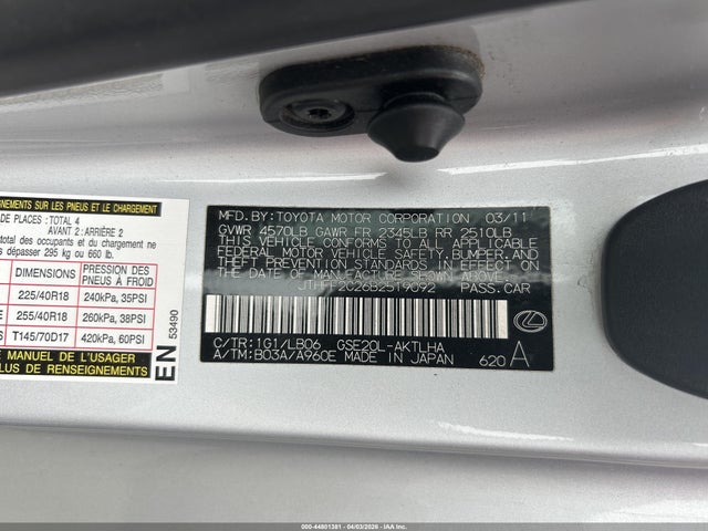 44801381 :رقم المزاد ، JTHFF2C26B2519092 vin ، 2011 Lexus Is 250c مزاد بيع