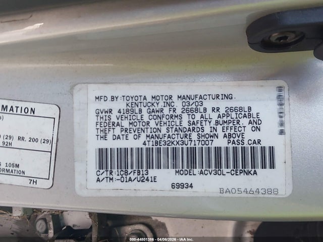 44801386 :رقم المزاد ، 4T1BE32KX3U717007 vin ، 2003 Toyota Camry Le مزاد بيع