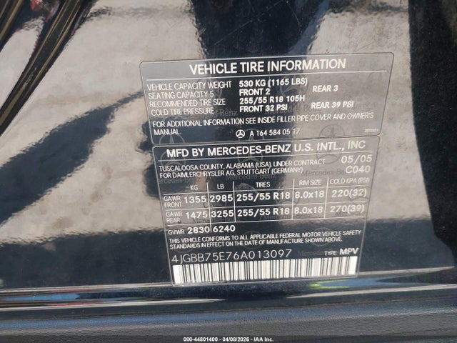 Aukcja sprzedaży 2006 Mercedes-benz Ml 500 4matic, vin: 4JGBB75E76A013097, numer aukcji: 44801400