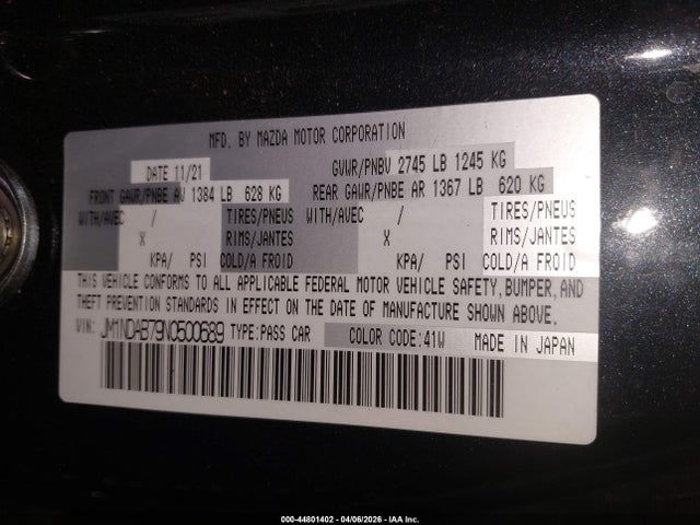 Aukcja sprzedaży 2022 Mazda Mx-5 Miata Sport, vin: JM1NDAB79N0500689, numer aukcji: 44801402