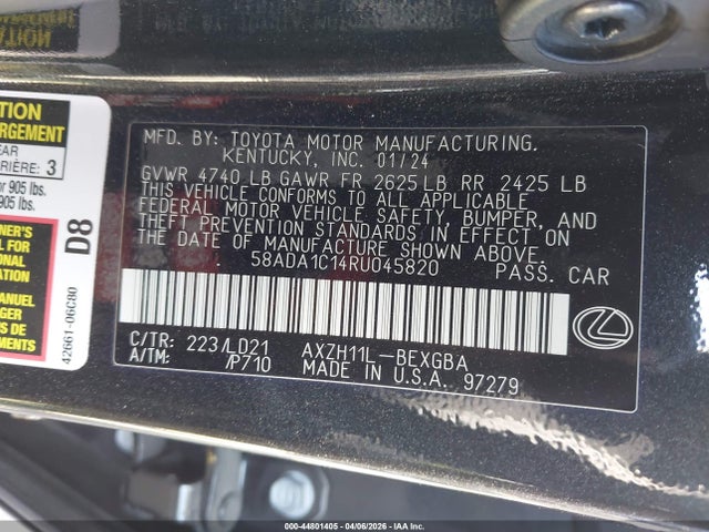 2024 Lexus Es 300h მანქანა იყიდება აუქციონზე, vin: 58ADA1C14RU045820, აუქციონის ნომერი: 44801405