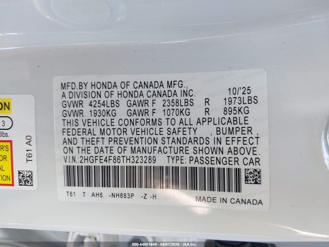 44801449 :رقم المزاد ، 2HGFE4F86TH323289 vin ، 2026 Honda Civic Hybrid Sport/sport Touring مزاد بيع