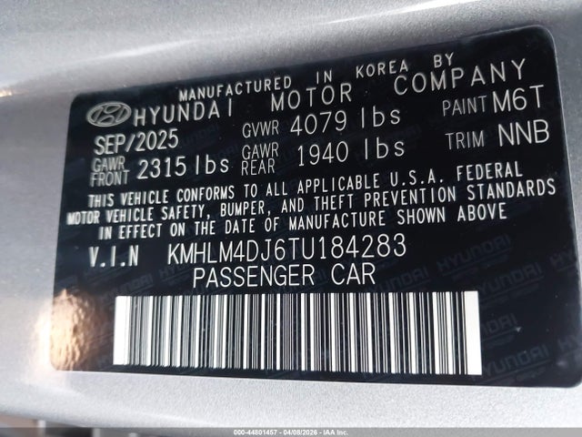 44801457 :رقم المزاد ، KMHLM4DJ6TU184283 vin ، 2026 Hyundai Elantra Hybrid Sel Sport مزاد بيع