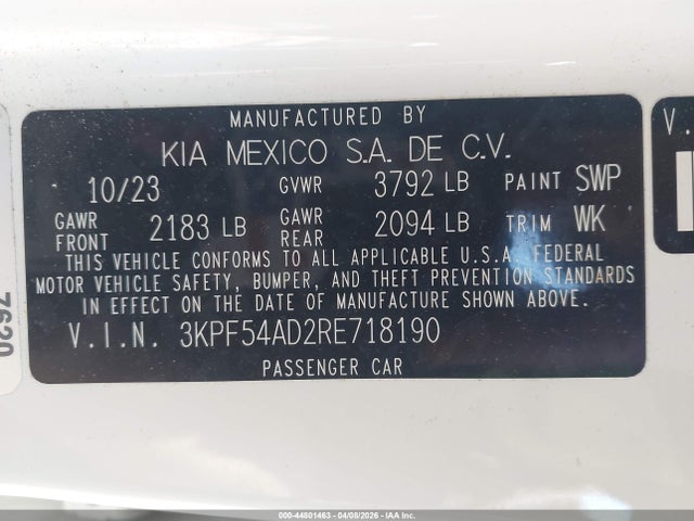 Продажа на аукционе авто 2024 Kia Forte Gt-line, vin: 3KPF54AD2RE718190, номер лота: 44801463