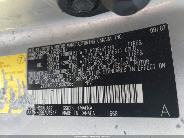 44801464 :رقم المزاد ، 2T2HK31U18C079661 vin ، 2008 Lexus Rx 350 مزاد بيع