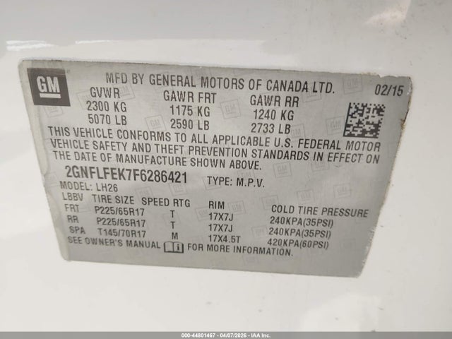 Chevrolet EQUINOX 1LT 2015 2GNFLFEK7F6286421 Image 9