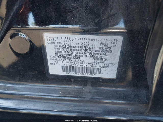 2021 Nissan Versa Sv Xtronic Cvt მანქანა იყიდება აუქციონზე, vin: 3N1CN8EVXML825069, აუქციონის ნომერი: 44801474