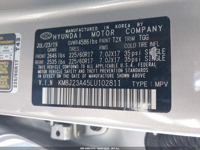 44801478 :رقم المزاد ، KM8J23A45LU102811 vin ، 2020 Hyundai Tucson Se مزاد بيع