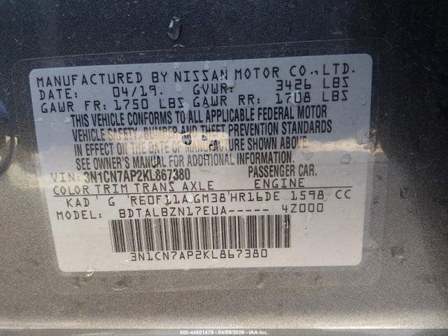 3N1CN7AP2KL867380 Nissan Versa 1.6 Sv