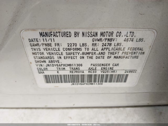 44801516 :رقم المزاد ، JN1DV6APXCM811306 vin ، 2012 Infiniti G25 Journey مزاد بيع