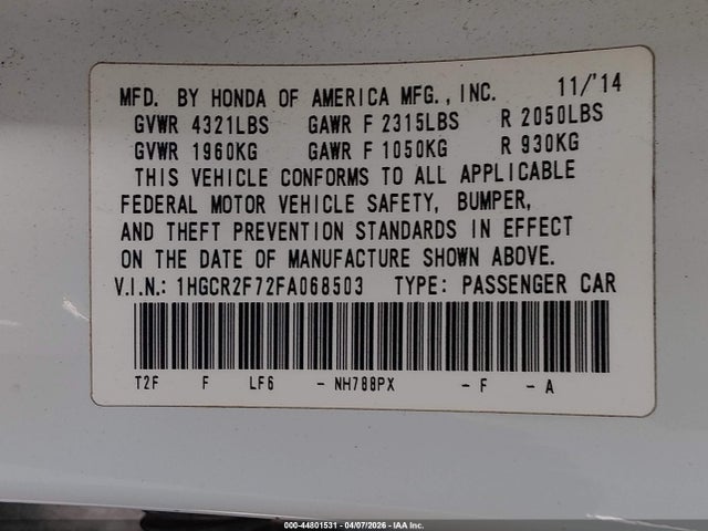 Honda ACCORD EX 2015 1HGCR2F72FA068503 Image 9