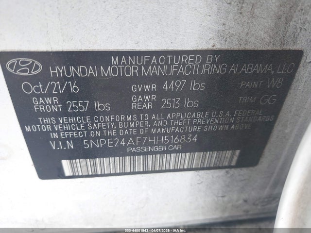 Продаж на аукціоні авто 2017 Hyundai Sonata, vin: 5NPE24AF7HH516834, номер лоту: 44801543