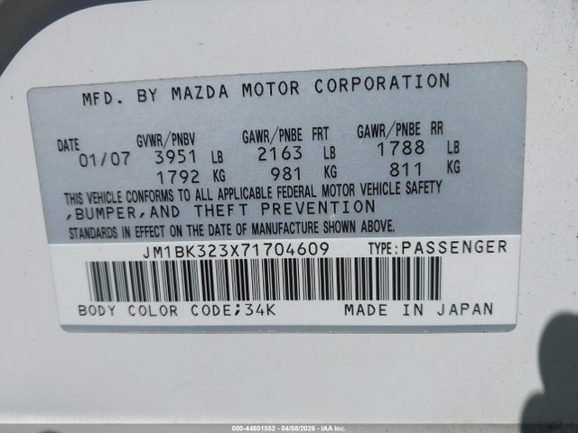Aukcja sprzedaży 2007 Mazda Mazda3 S Grand Touring, vin: JM1BK323X71704609, numer aukcji: 44801552