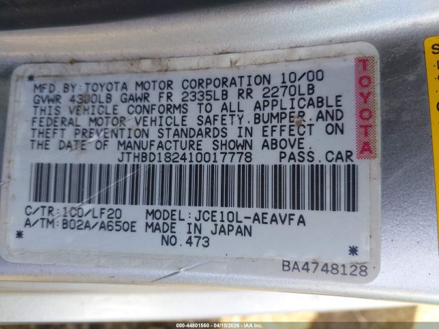 Aukcja sprzedaży 2001 Lexus Is 300, vin: JTHBD182410017778, numer aukcji: 44801560