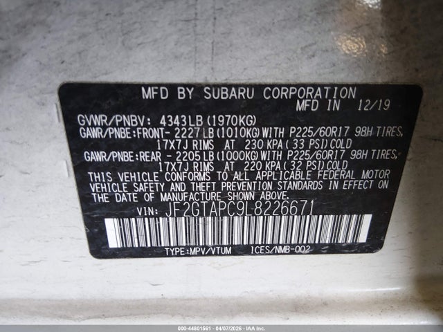 Aukcja sprzedaży 2020 Subaru Crosstrek Premium, vin: JF2GTAPC9L8226671, numer aukcji: 44801561