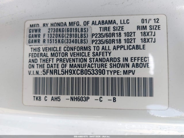 2012 HONDA ODYSSEY 5FNRL5H9XCB053390 Photo 8
