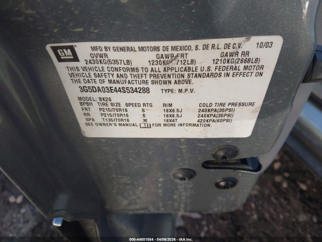 44801584 :رقم المزاد ، 3G5DA03E44S534288 vin ، 2004 Buick Rendezvous Cx مزاد بيع