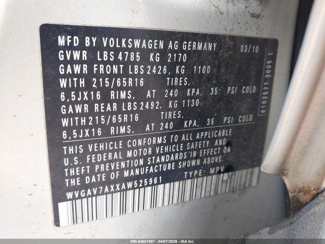 44801587 :رقم المزاد ، WVGAV7AXXAW525961 vin ، 2010 Volkswagen Tiguan S مزاد بيع