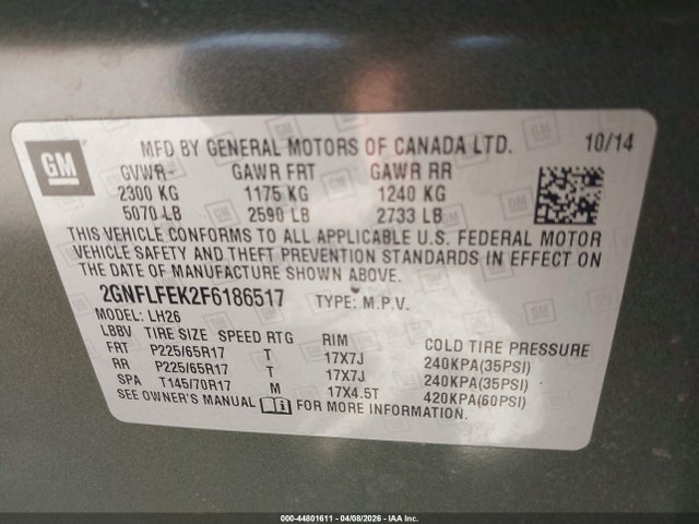 Aukcja sprzedaży 2015 Chevrolet Equinox 1lt, vin: 2GNFLFEK2F6186517, numer aukcji: 44801611