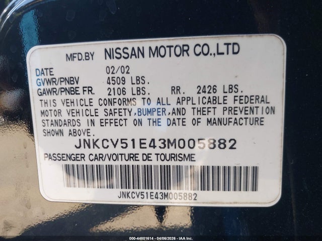 2003 Infiniti G35 Base W/6 Speed Manual მანქანა იყიდება აუქციონზე, vin: JNKCV51E43M005882, აუქციონის ნომერი: 44801614