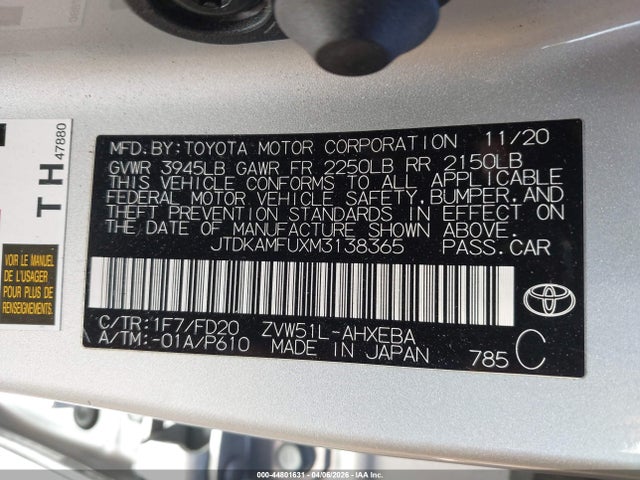 JTDKAMFUXM3138365 Toyota Prius Le