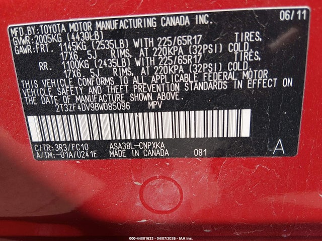 2011 Toyota Rav4 მანქანა იყიდება აუქციონზე, vin: 2T3ZF4DV9BW085096, აუქციონის ნომერი: 44801633
