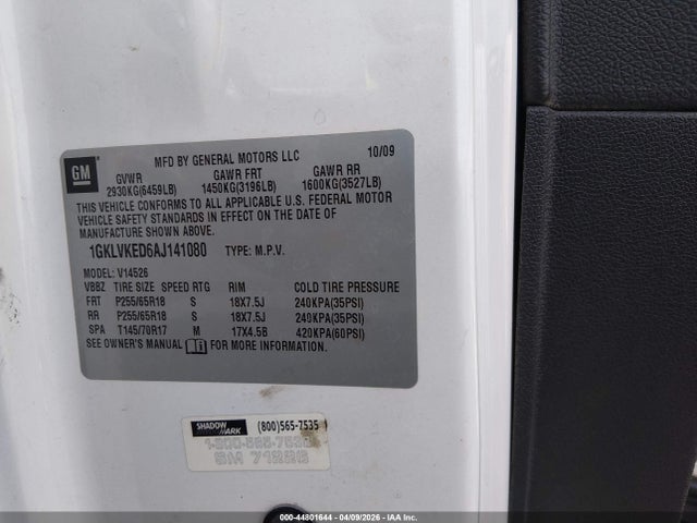 Aukcja sprzedaży 2010 Gmc Acadia Sl, vin: 1GKLVKED6AJ141080, numer aukcji: 44801644