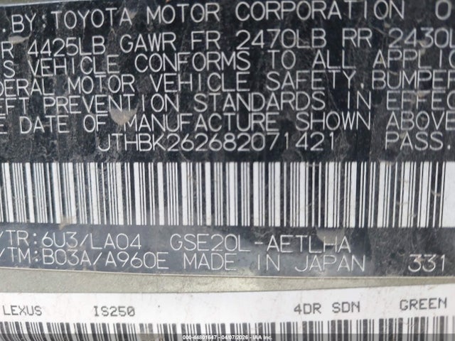 Aukcja sprzedaży 2008 Lexus Is 250, vin: JTHBK262682071421, numer aukcji: 44801647