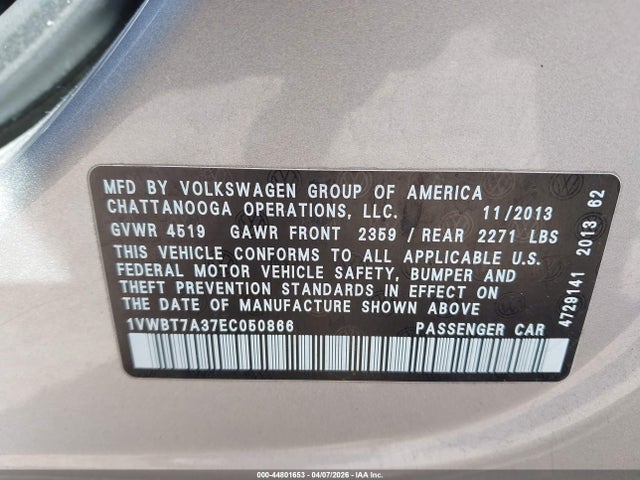 Продаж на аукціоні авто 2014 Volkswagen Passat 1.8t Se, vin: 1VWBT7A37EC050866, номер лоту: 44801653