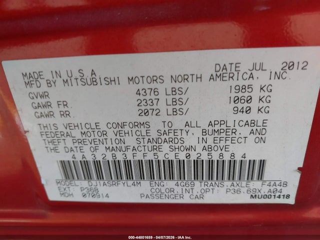 Продаж на аукціоні авто 2012 Mitsubishi Galant Es/se, vin: 4A32B3FF5CE025884, номер лоту: 44801659