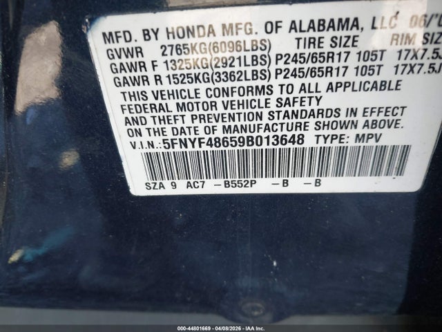 Aukcja sprzedaży 2009 Honda Pilot Ex-l, vin: 5FNYF48659B013648, numer aukcji: 44801669