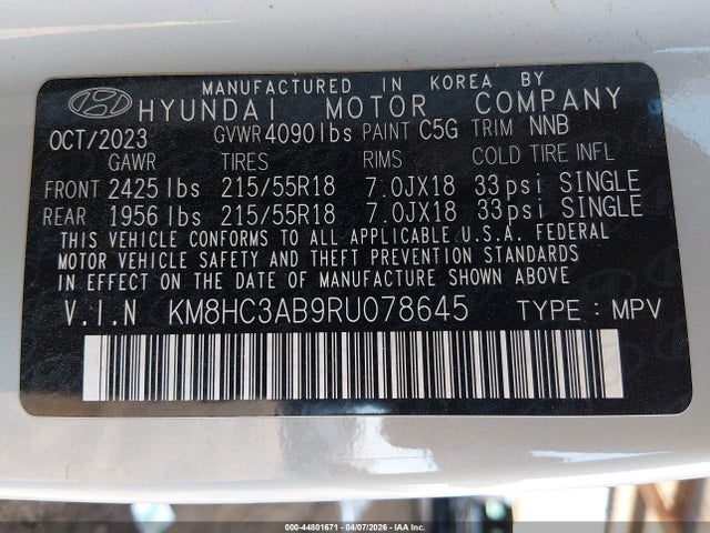 2024 Hyundai Kona Sel მანქანა იყიდება აუქციონზე, vin: KM8HC3AB9RU078645, აუქციონის ნომერი: 44801671