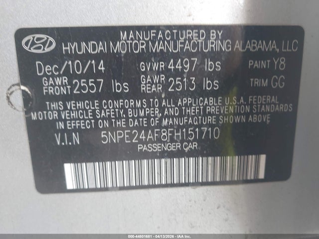 5NPE24AF8FH151710 Hyundai SONATA SE