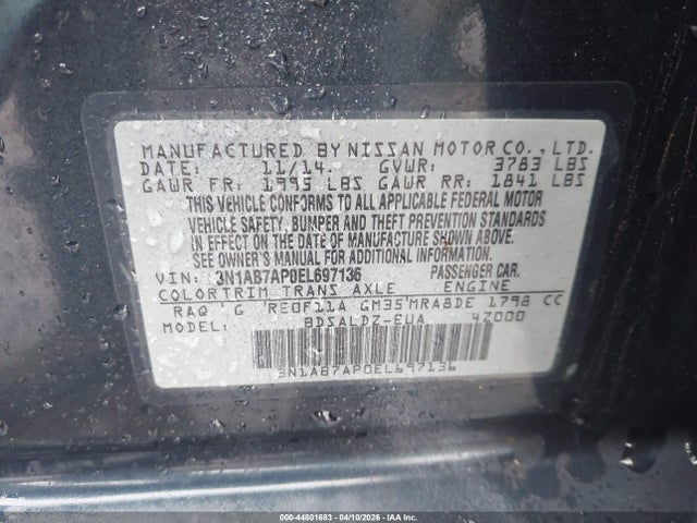 44801683 :رقم المزاد ، 3N1AB7AP0EL697136 vin ، 2014 Nissan Sentra Sv مزاد بيع