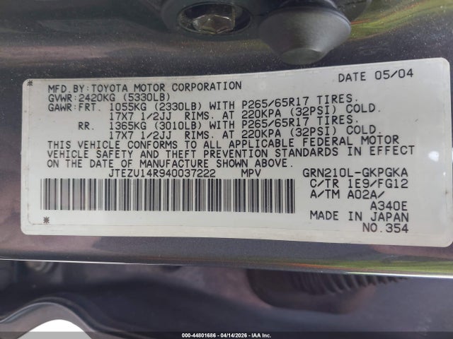 Продажа на аукционе авто 2004 Toyota 4runner, vin: JTEZU14R940037222, номер лота: 44801686