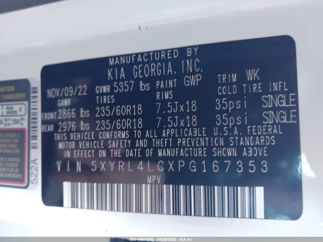 2023 Kia Sorento S მანქანა იყიდება აუქციონზე, vin: 5XYRL4LCXPG167353, აუქციონის ნომერი: 44801692