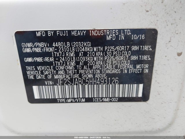 44801694 :رقم المزاد ، JF2SJABC5HH493126 vin ، 2017 Subaru Forester 2.5i مزاد بيع
