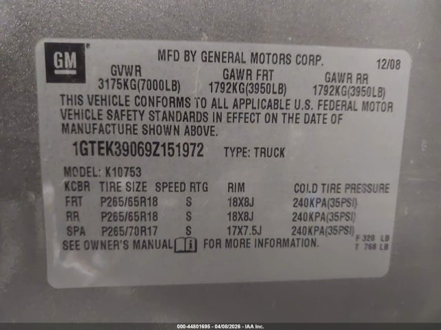 Продаж на аукціоні авто 2009 Gmc Sierra 1500 Slt, vin: 1GTEK39069Z151972, номер лоту: 44801695