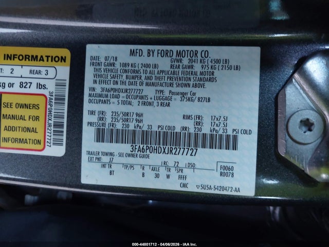 3FA6P0HDXJR277727 Ford FUSION SE