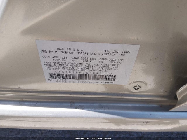 Продаж на аукціоні авто 2005 Mitsubishi Galant Es/se, vin: 4A3AB36F95E042122, номер лоту: 44801733
