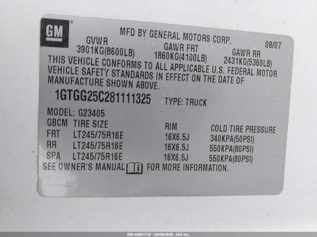 Продаж на аукціоні авто 2008 Gmc Savana Work Van, vin: 1GTGG25C281111325, номер лоту: 44801742