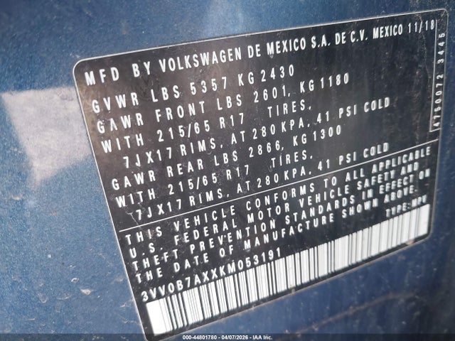 44801780 :رقم المزاد ، 3VV0B7AXXKM053191 vin ، 2019 Volkswagen Tiguan 2.0t S مزاد بيع