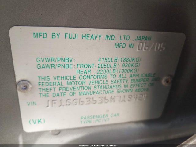 Продаж на аукціоні авто 2006 Subaru Forester 2.5x, vin: JF1SG63636H718424, номер лоту: 44801782