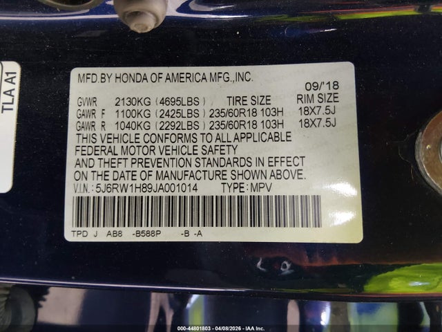 2018 Honda Cr-v Ex-l/ex-l Navi მანქანა იყიდება აუქციონზე, vin: 5J6RW1H89JA001014, აუქციონის ნომერი: 44801803